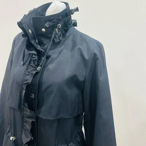 Betsy Johnson Women’s S Black Ruffle Trim Trench Coat‎ Adjustable Waist - Picture 5 of 14